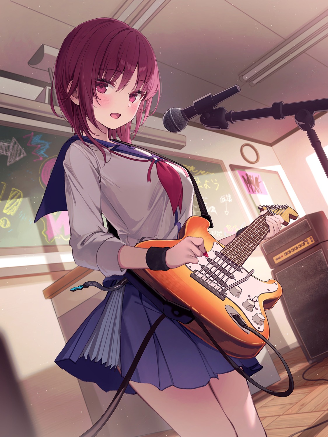 angel_beats! guitar iwasawa_masami rangu seifuku skirt_lift