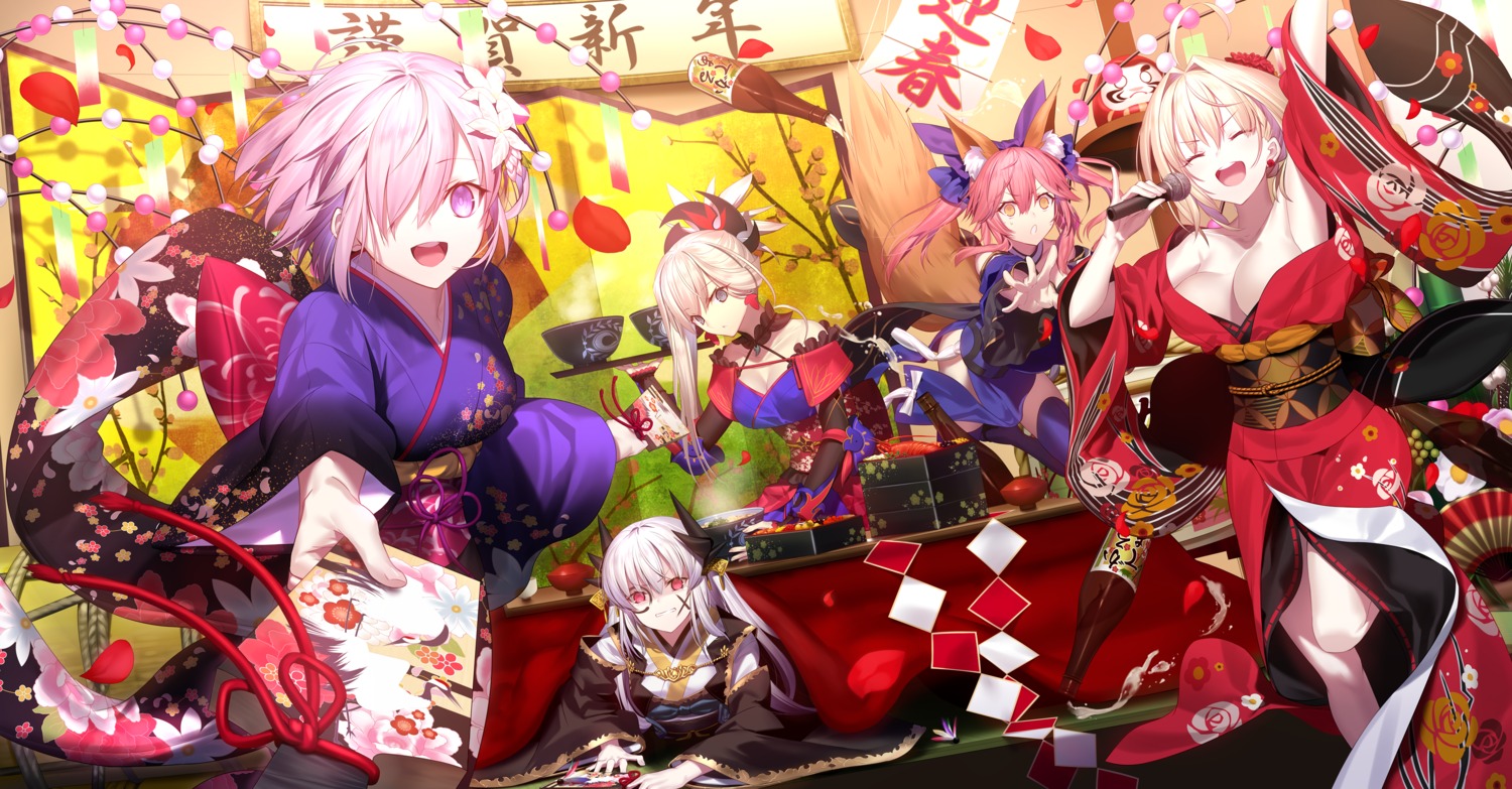 animal_ears cleavage fate/grand_order japanese_clothes kimono kiyohime_(fate/grand_order) mash_kyrielight mashima_saki_(mashimasa) miyamoto_musashi_(fate/grand_order) no_bra open_shirt saber_extra sake tail tamamo_no_mae thighhighs tomoe_gozen_(fate/grand_order)