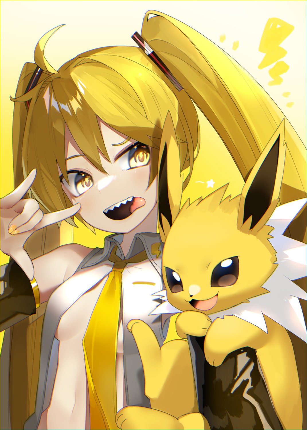 crossover hatsune_miku jolteon no_bra open_shirt pokemon reirou_(chokoonnpu) vocaloid