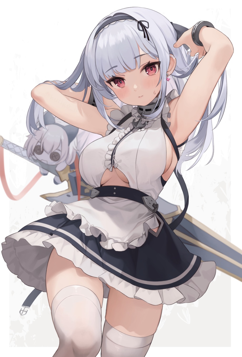 azur_lane dido_(azur_lane) kurige_horse maid no_bra skirt_lift sword thighhighs