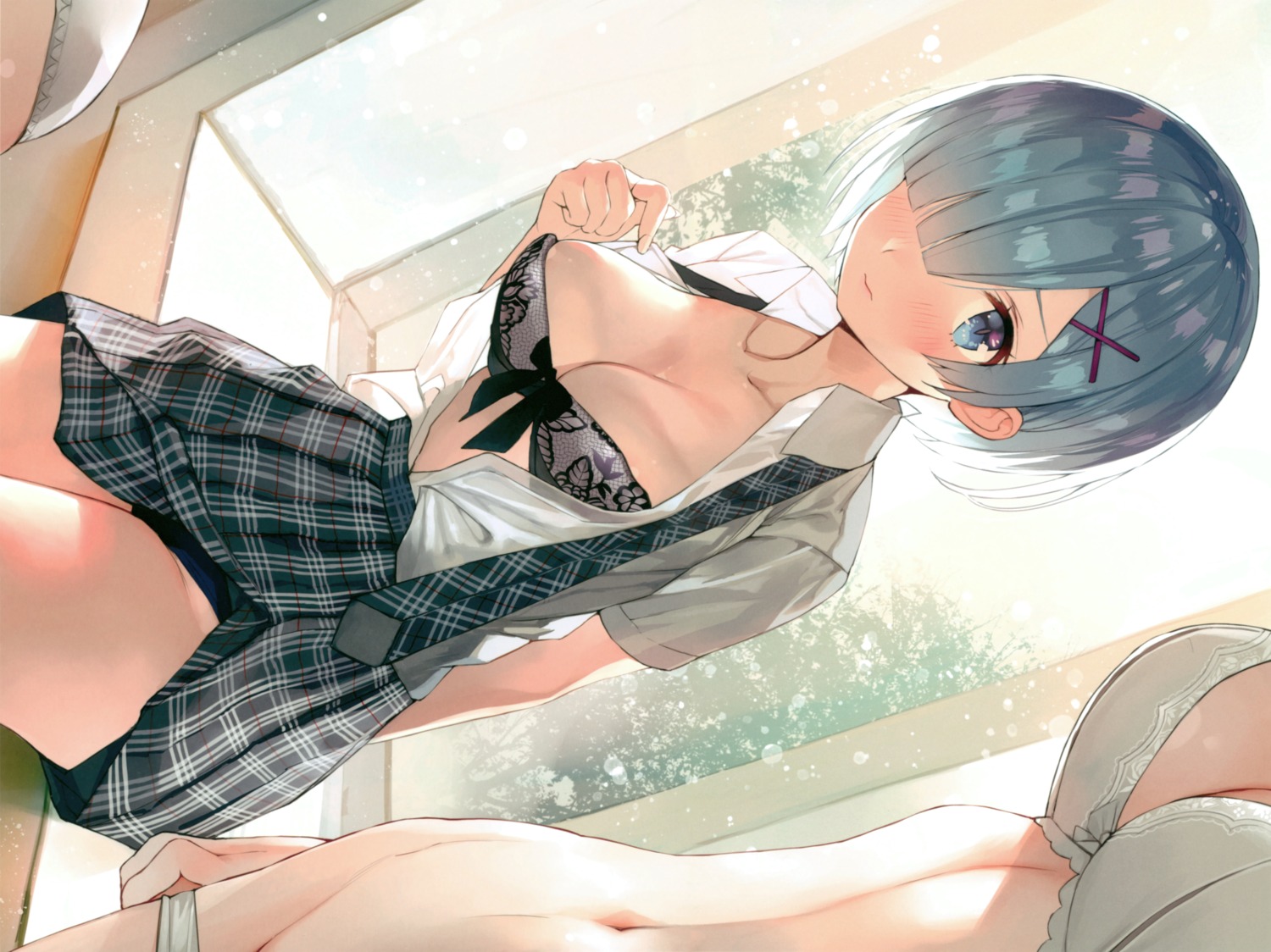 bra cleavage gaou macaron_taitei open_shirt pantsu panty_pull re_zero_kara_hajimeru_isekai_seikatsu rem_(re_zero) seifuku skirt_lift undressing