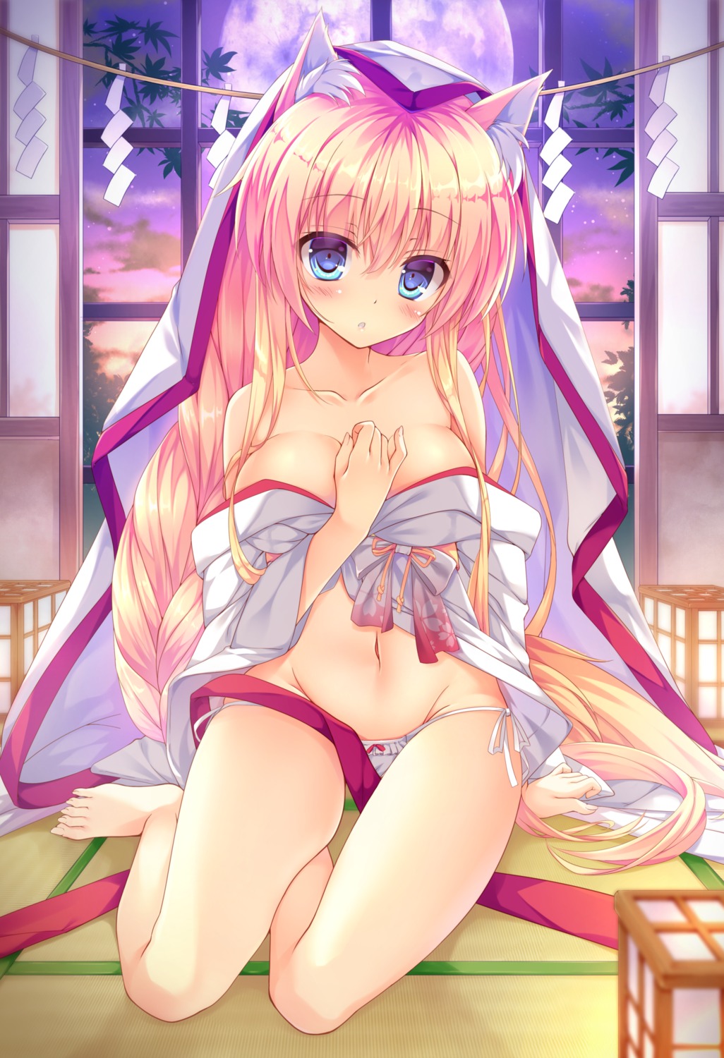 animal_ears breast_hold cleavage kinokomushi pantsu string_panties tail