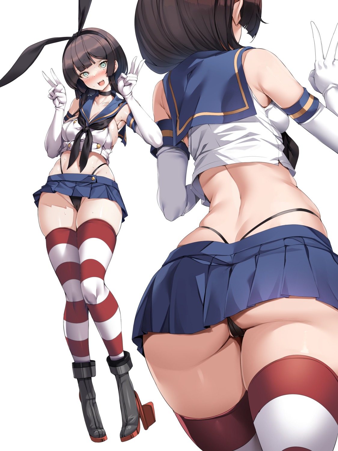 animal_ears ass bunny_ears cameltoe cosplay heels kantai_collection mogador_(kancolle) no_bra pantsu shimakaze_(kancolle) skirt_lift thighhighs thong torisan wet