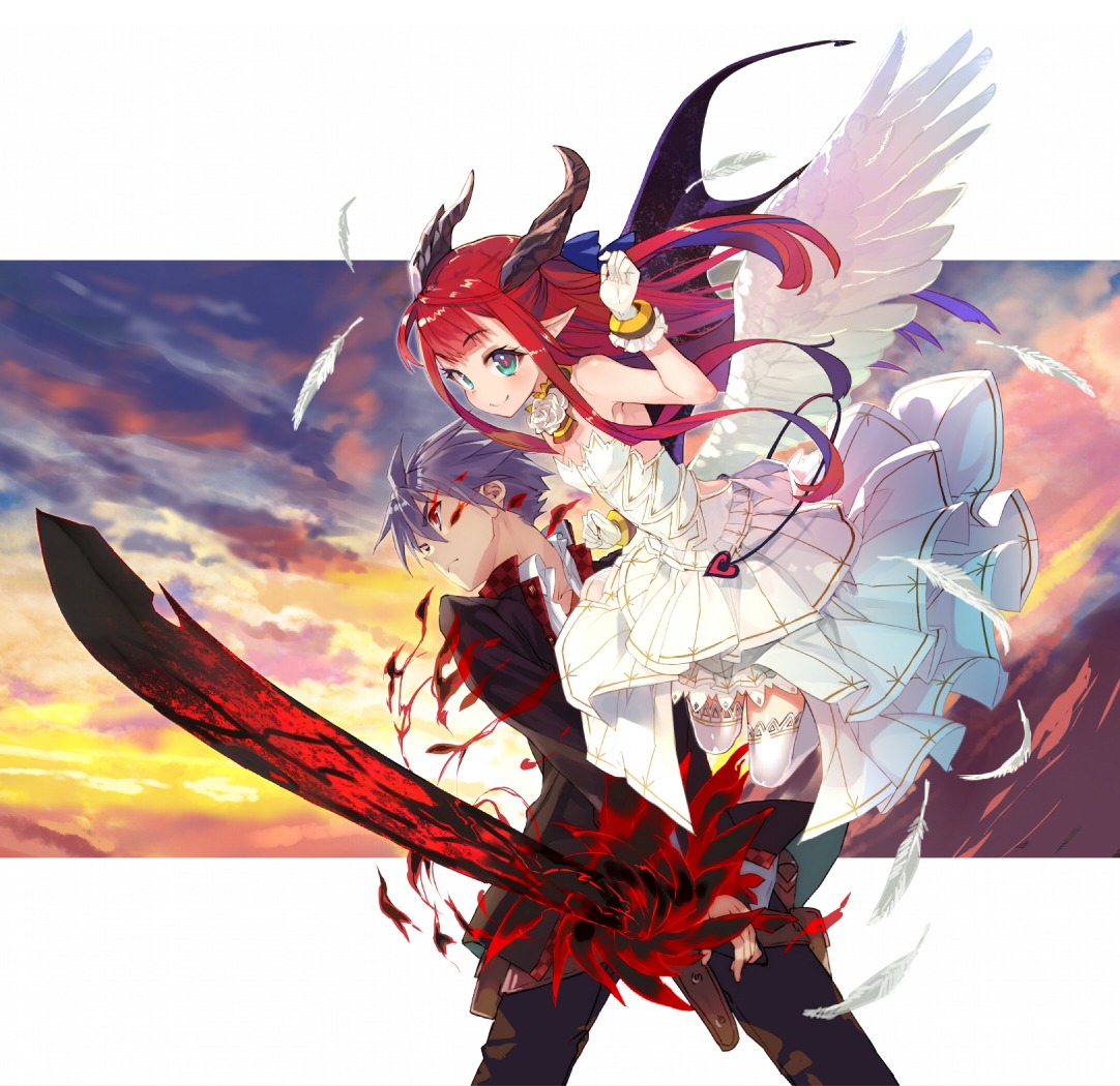 cleavage dress horns kakute_yoake_no_day_breaker pointy_ears shirabi sword tail thighhighs wings