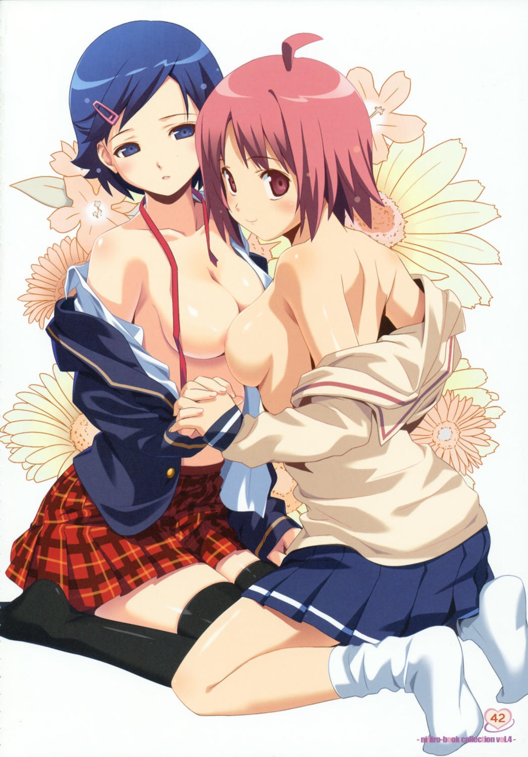 areola breasts koutaro nijiiro_zakura no_bra open_shirt seifuku symmetrical_docking thighhighs undressing yuri