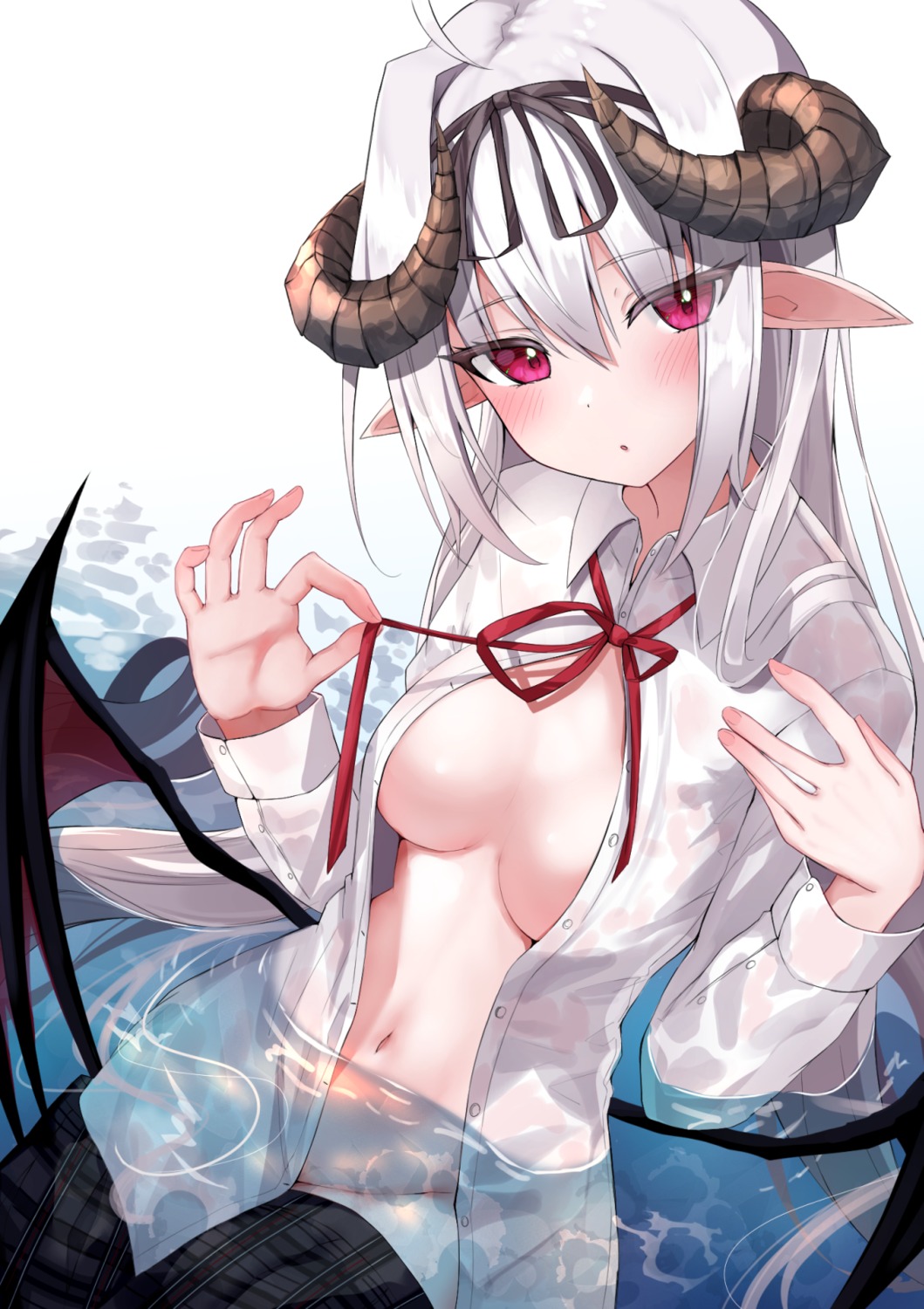 devil horns no_bra nopan open_shirt pointy_ears sazamiso_rx see_through wet wet_clothes wings