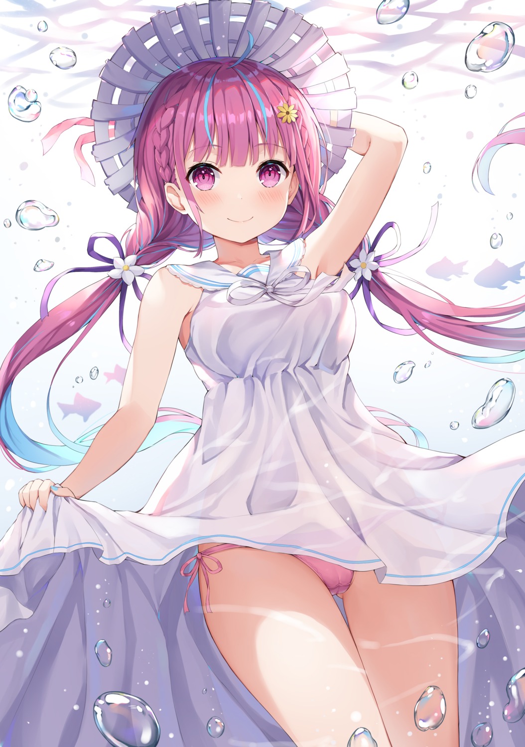 cameltoe dress hololive kizuna minato_aqua pantsu see_through skirt_lift string_panties summer_dress