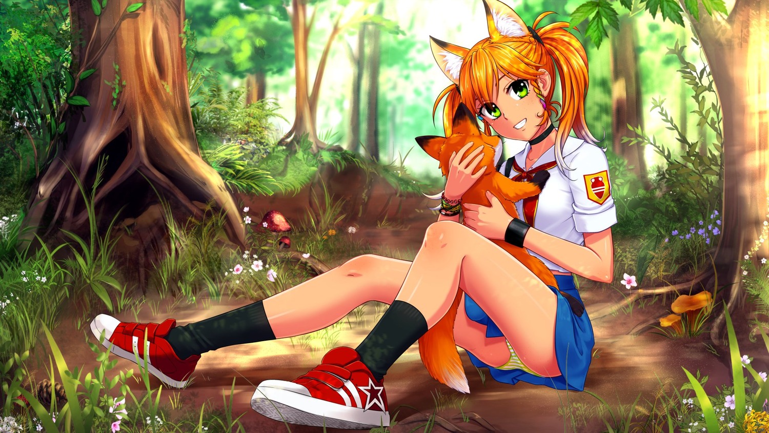 animal_ears kitsune moonworks pantsu seifuku shimapan skirt_lift wallpaper