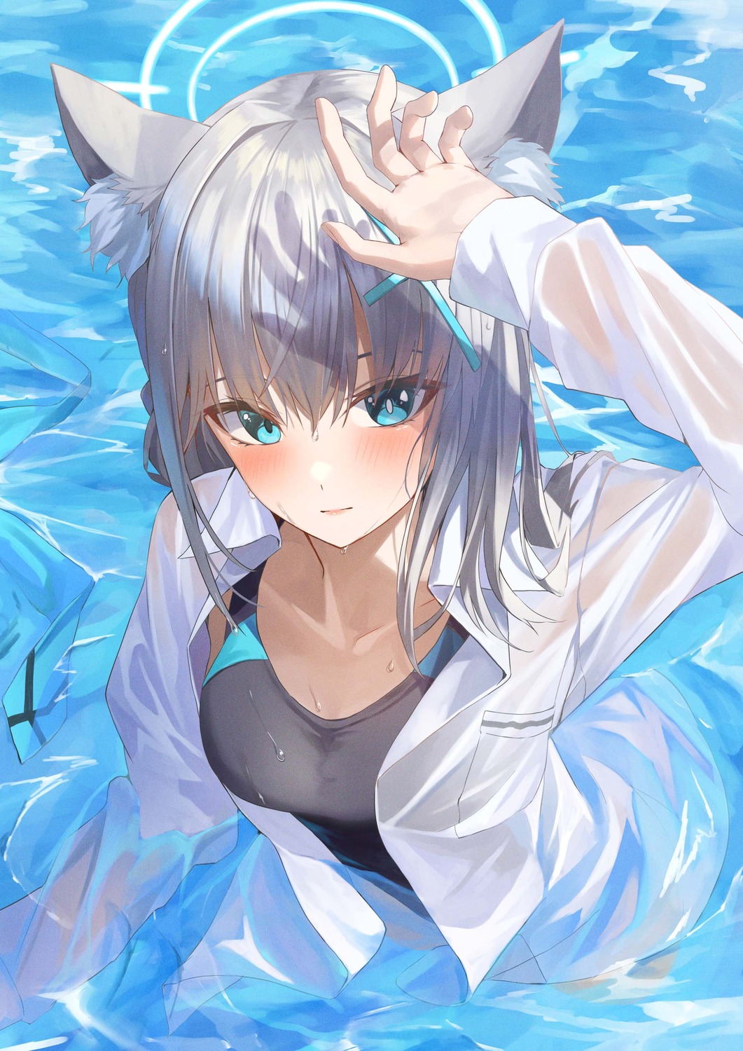 animal_ears blue_archive chakuma dress_shirt halo nekomimi see_through sunaookami_shiroko swimsuits wet wet_clothes