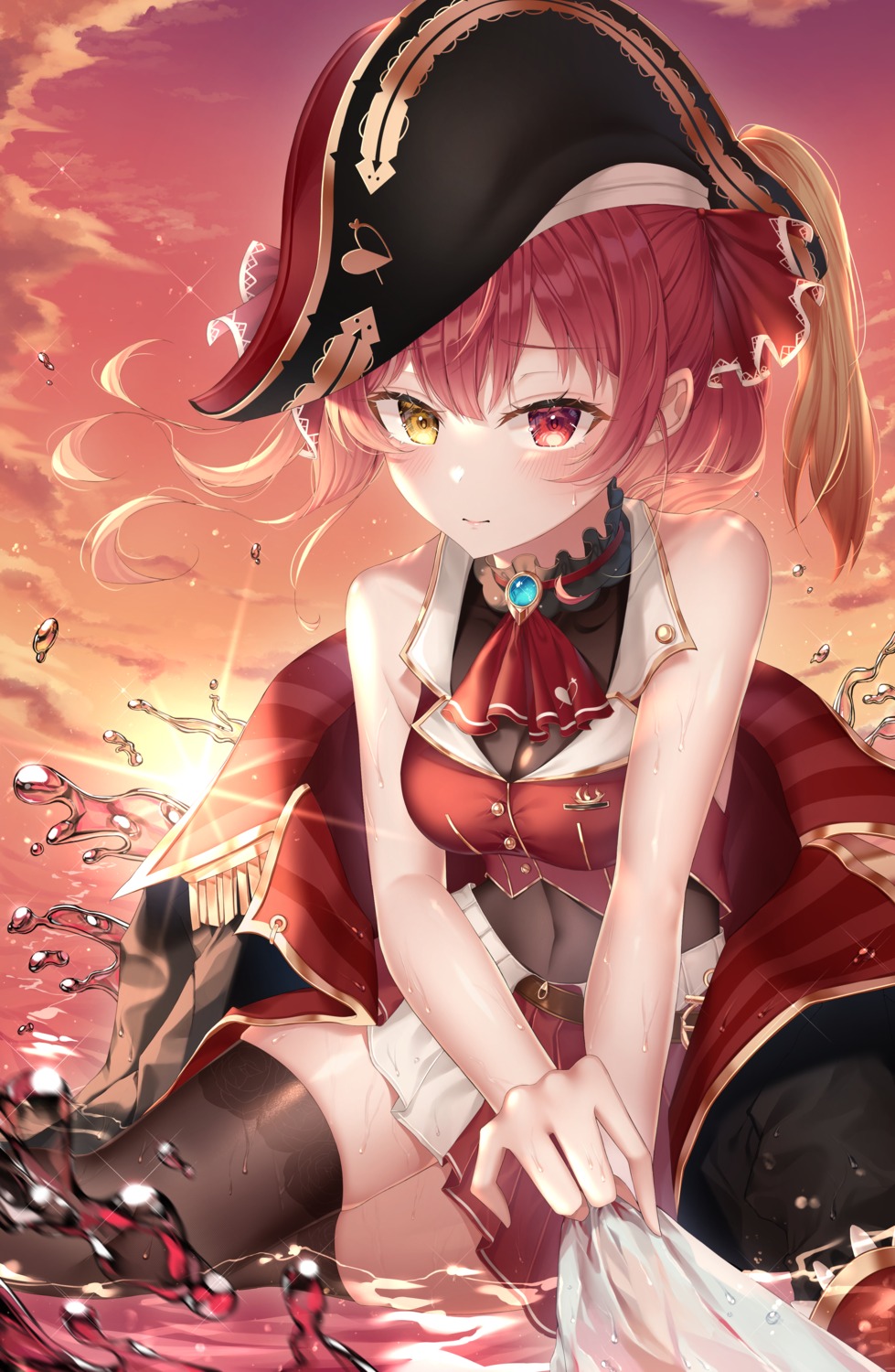 heterochromia hololive houshou_marine lisa_78 pirate thighhighs wet