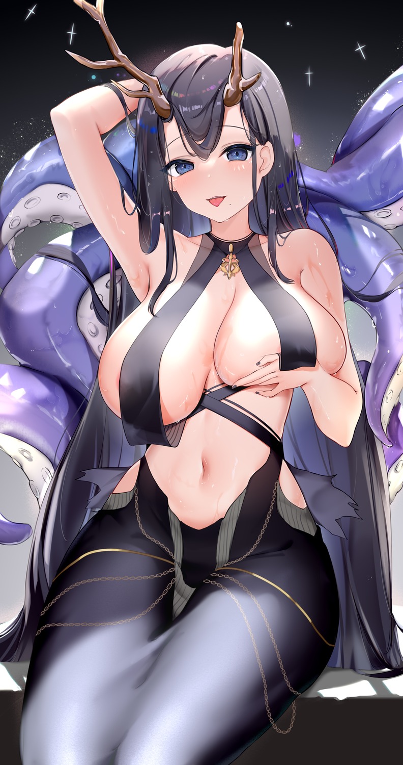 areola azur_lane golden_hind_(azur_lane) horns no_bra see_through tentacles usagi_poi