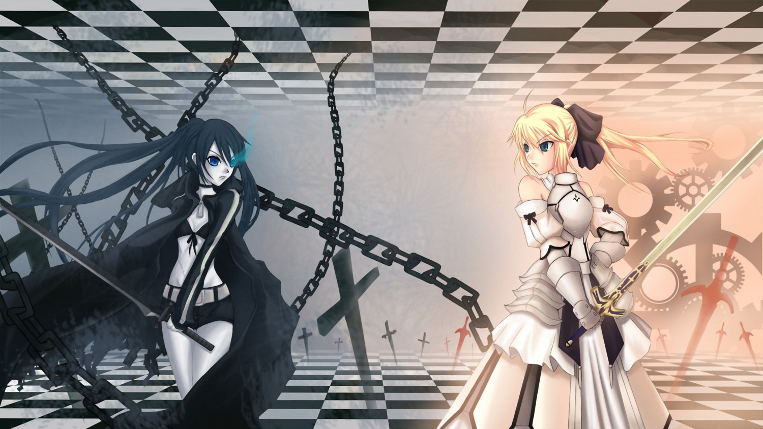 black_rock_shooter black_rock_shooter_(character) crossover fate/stay_night lun_wuqu saber saber_lily vocaloid wallpaper