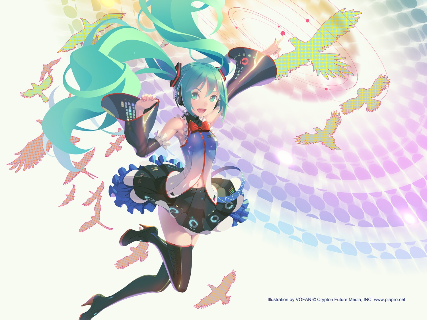 hatsune_miku headphones heels thighhighs vocaloid vofan wallpaper