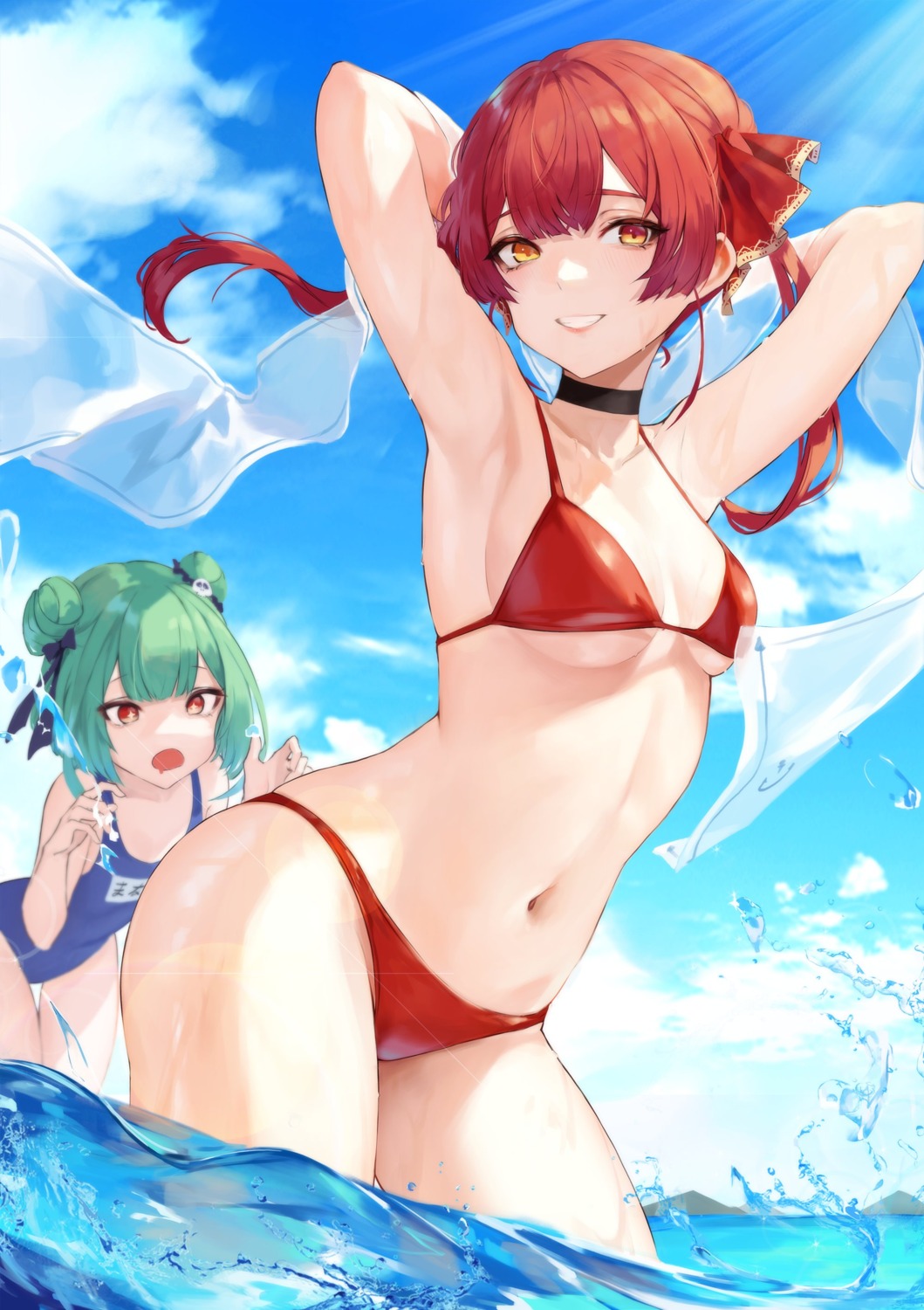 bikini heterochromia hiki_niito hololive houshou_marine school_swimsuit swimsuits uruha_rushia wet