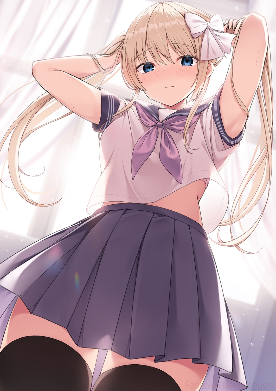 bra nekokobushi see_through seifuku shirt_lift thighhighs