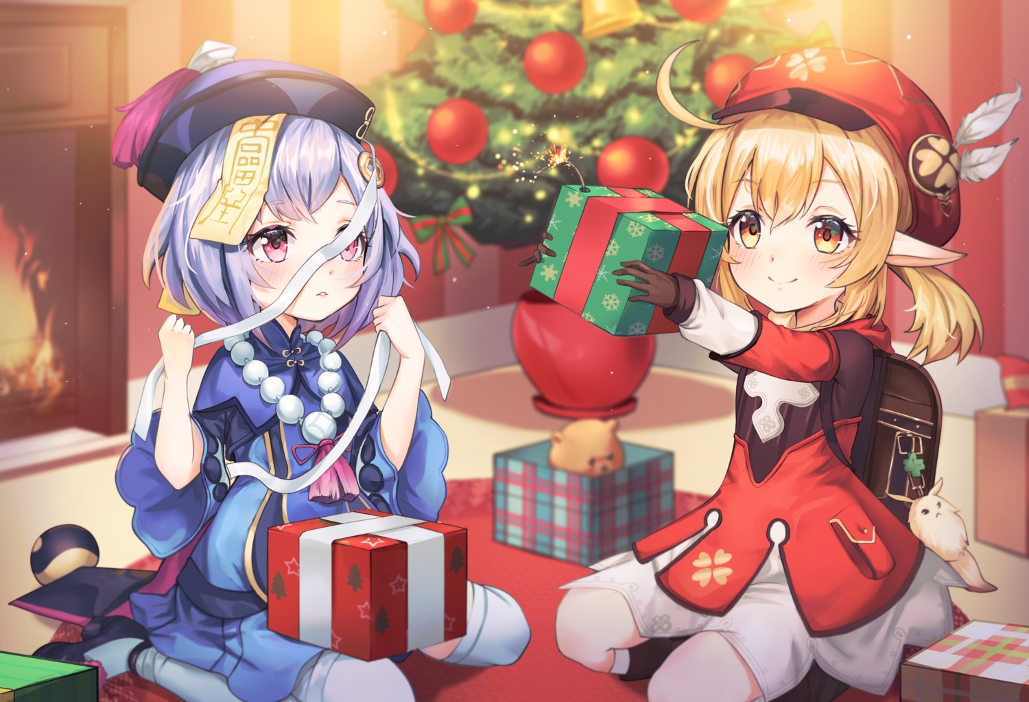 aergia_c asian_clothes bandages christmas genshin_impact klee pointy_ears qiqi thighhighs