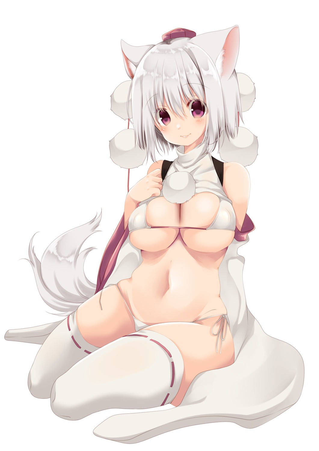 animal_ears bikini erect_nipples hikanyan inubashiri_momiji swimsuits tail thighhighs touhou