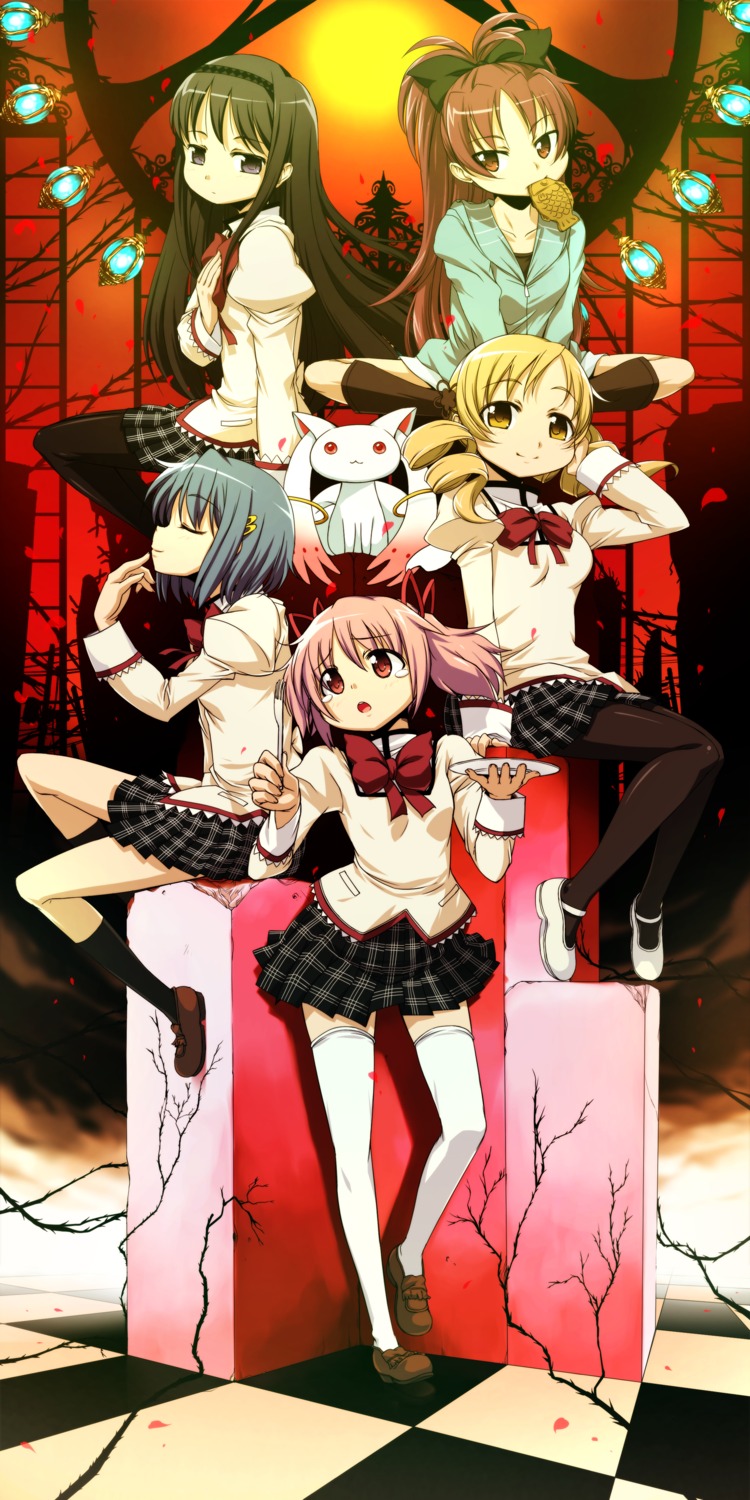 akemi_homura kaname_madoka kyubey mahou_shoujo_madoka_magica miki_sayaka onija_tarou pantyhose sakura_kyouko seifuku thighhighs tomoe_mami