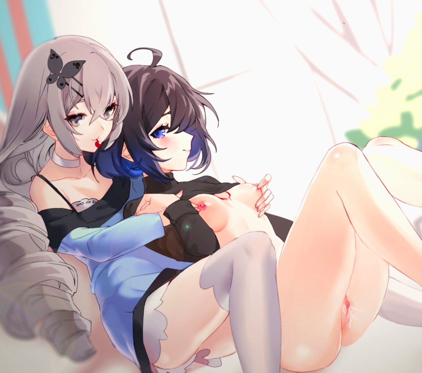 benghuai_xueyuan bottomless bra breast_grab breasts bronya_zaychik censored dress honkai_impact mie_xing nipples no_bra pussy pussy_juice seele_vollerei shirt_lift skirt_lift sweater tattoo thighhighs yuri