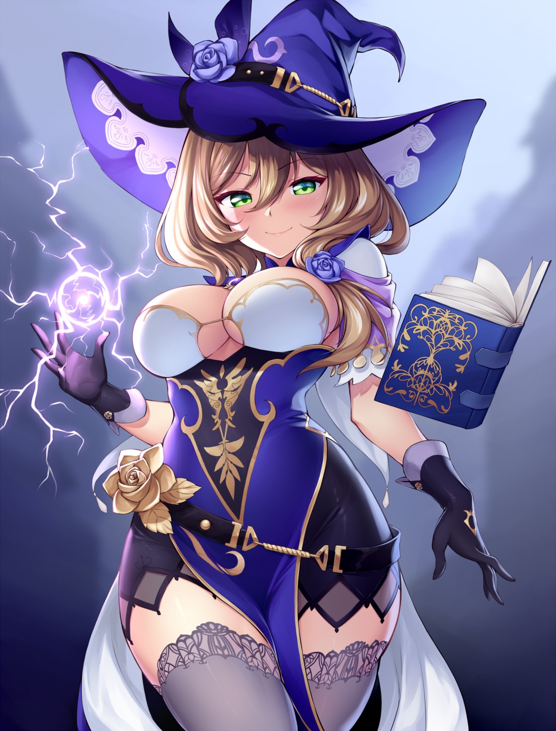 genshin_impact ivenglynn lisa_(genshin_impact) no_bra thighhighs witch