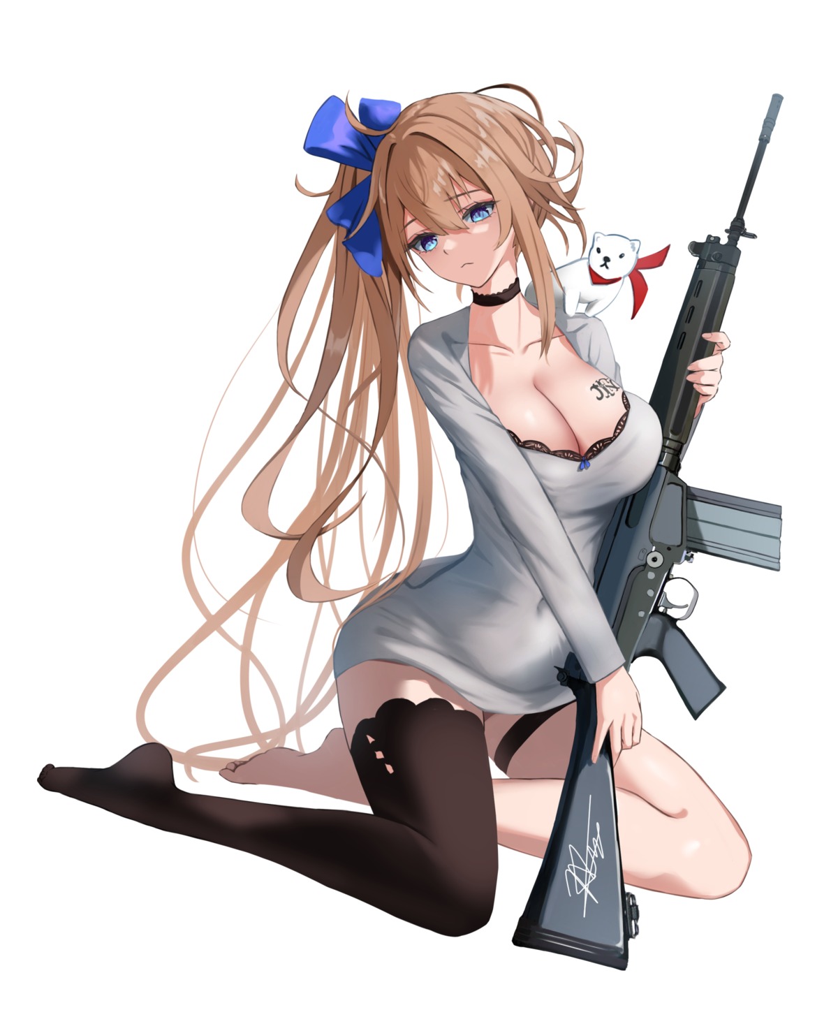 chaciooh dress fal_(girls_frontline) garter girls_frontline gun tattoo thighhighs