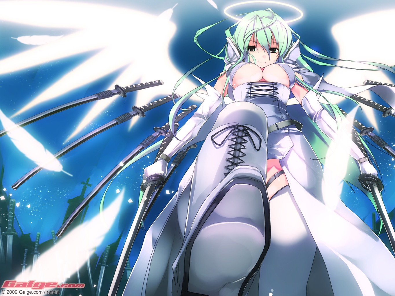 cleavage galge.com refeia sword thighhighs underboob wallpaper wings