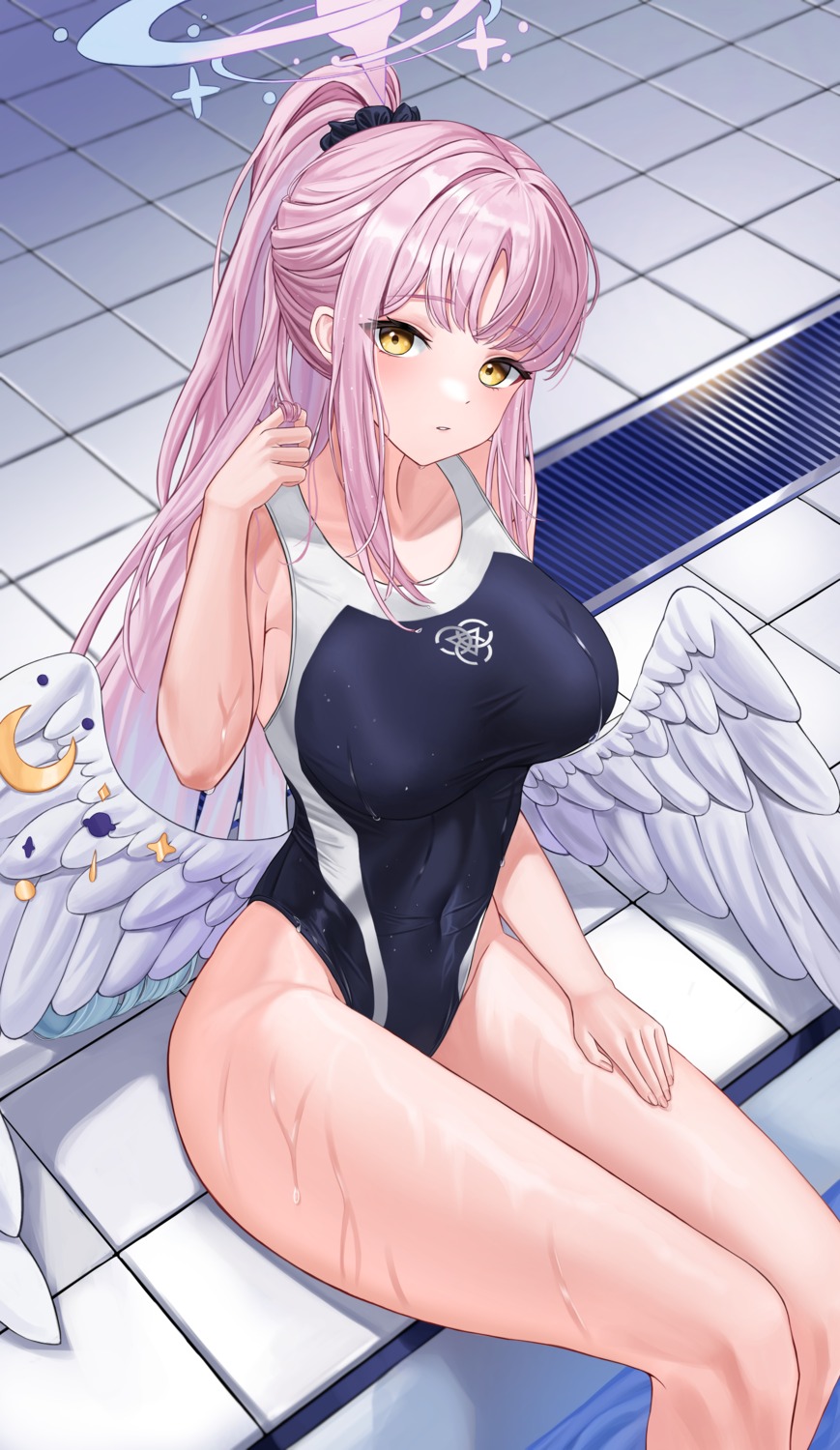 angel artist_revision blue_archive misono_mika nyanbutter swimsuits wet wings