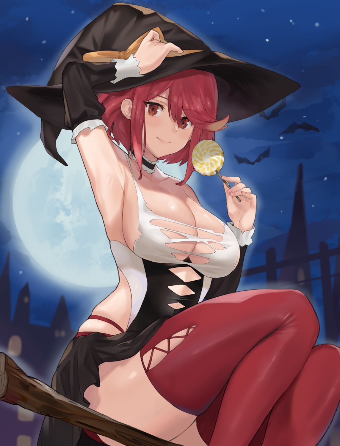 halloween homura_(xenoblade_2) j@ck no_bra pantsu skirt_lift thighhighs torn_clothes witch xenoblade xenoblade_chronicles_2