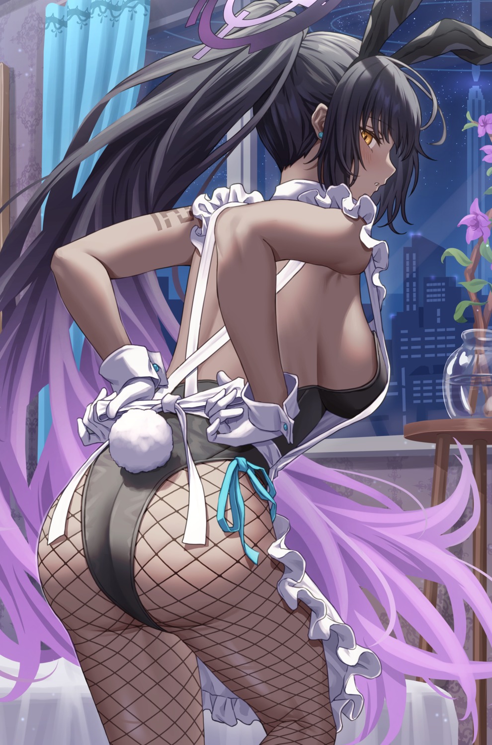 animal_ears ass blue_archive bunny_ears bunny_girl fishnets halo kakudate_karin no_bra pantyhose simoumi_217 tail tattoo