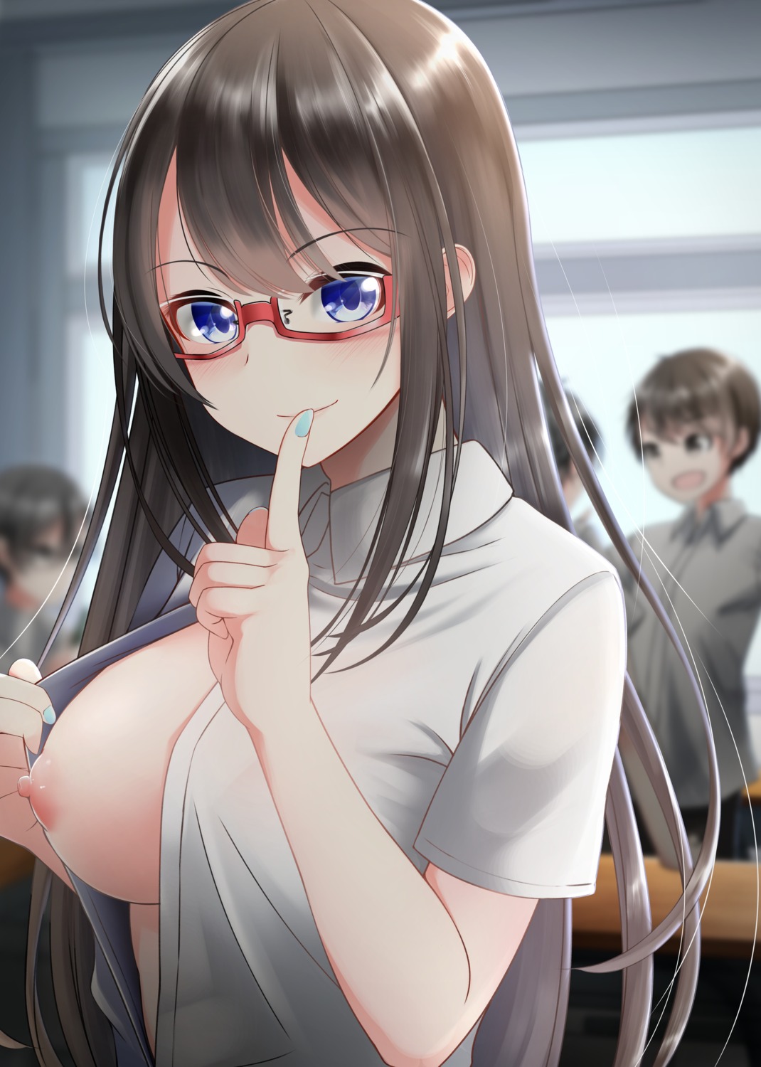 breasts megane nekobaka nipples no_bra open_shirt see_through seifuku undressing