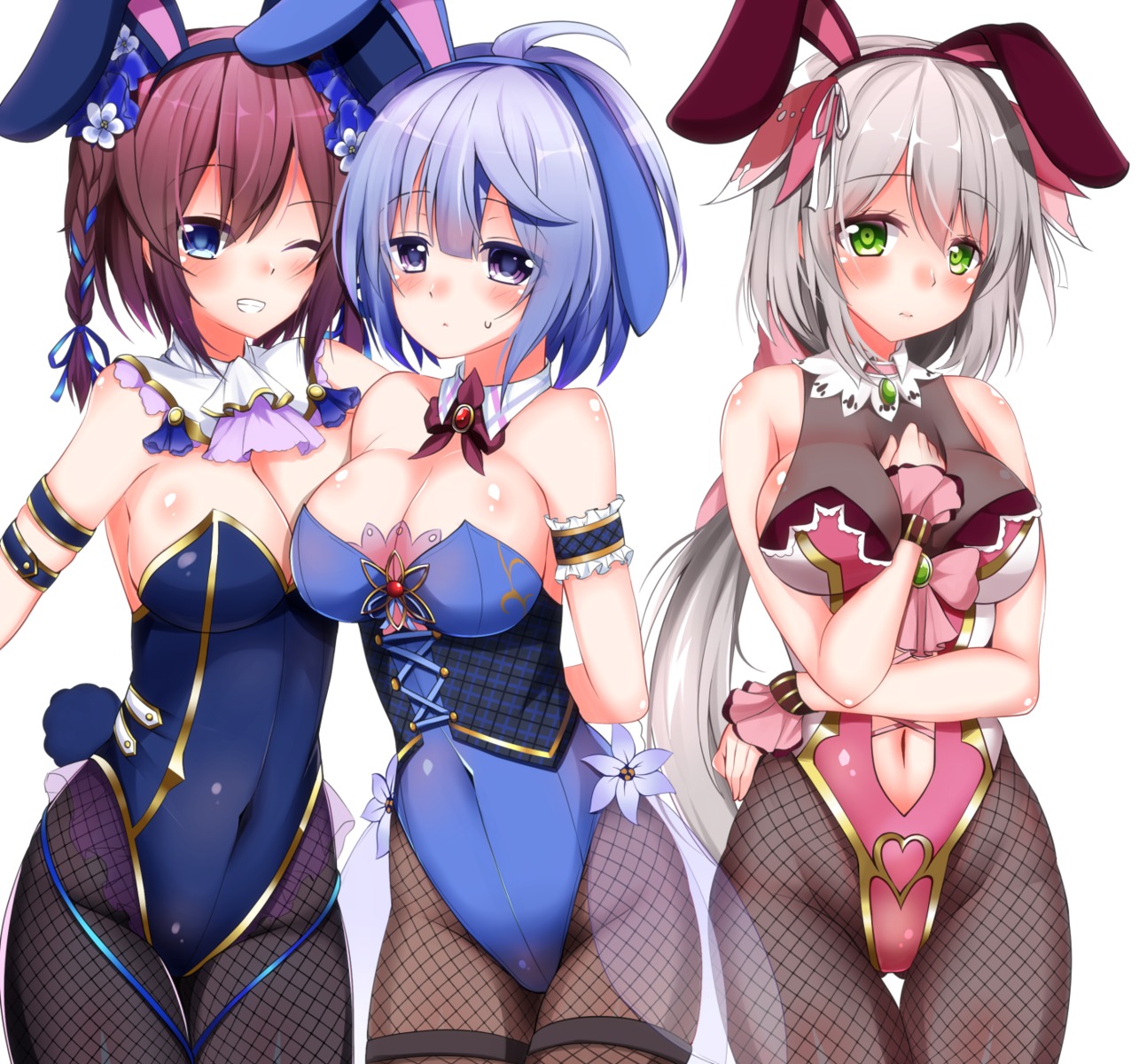 animal_ears bunny_ears bunny_girl cleavage fishnets flower_knight_girl garter ipheion_(flower_knight_girl) pantyhose see_through serruria_(flower_knight_girl) shironeko_haru statice_(flower_knight_girl) tail