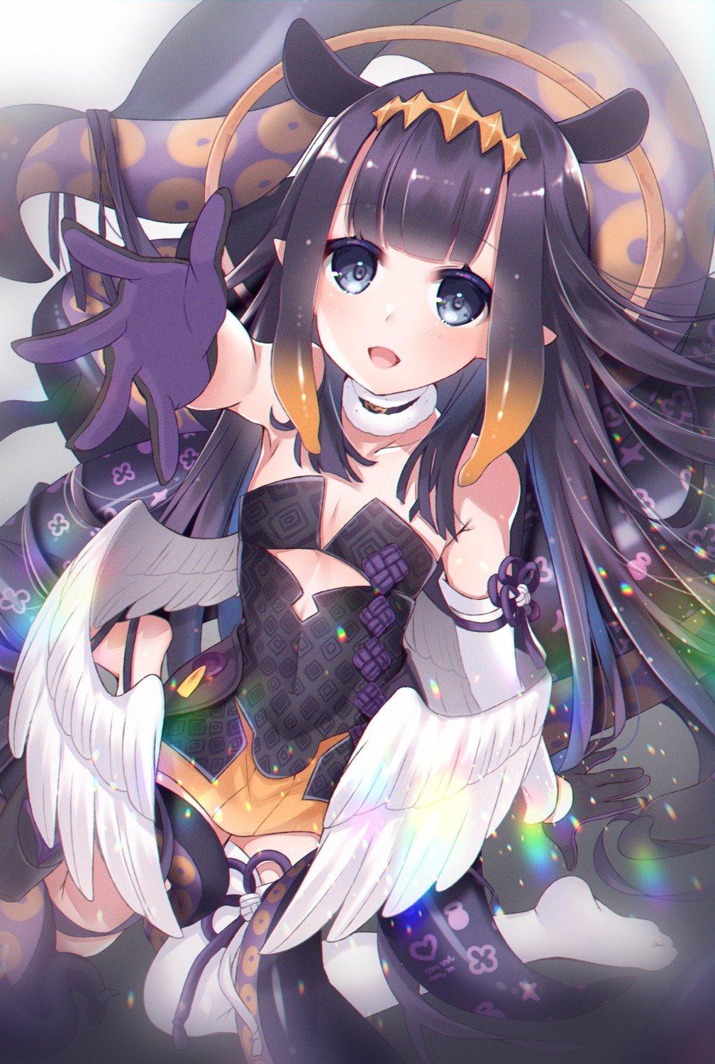 hololive hololive_english horns ko_yu ninomae_ina'nis no_bra pointy_ears tentacles thighhighs wings