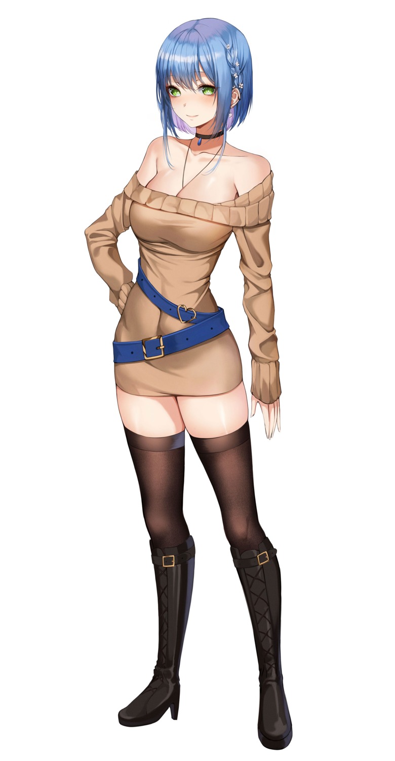 ame_816 cleavage dress heels no_bra sweater thighhighs