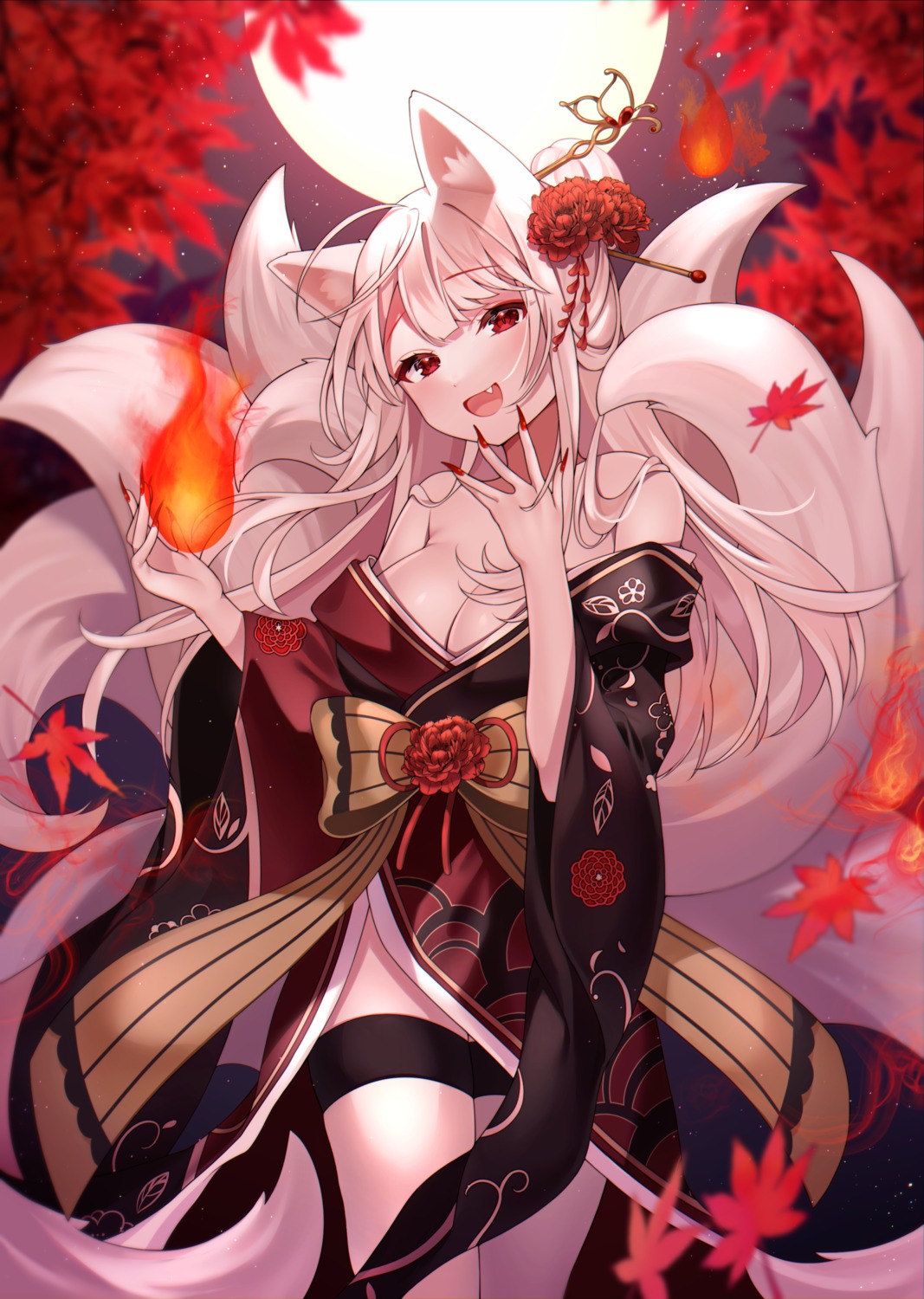 animal_ears cleavage japanese_clothes kitsune no_bra open_shirt reel_(riru) tail thighhighs