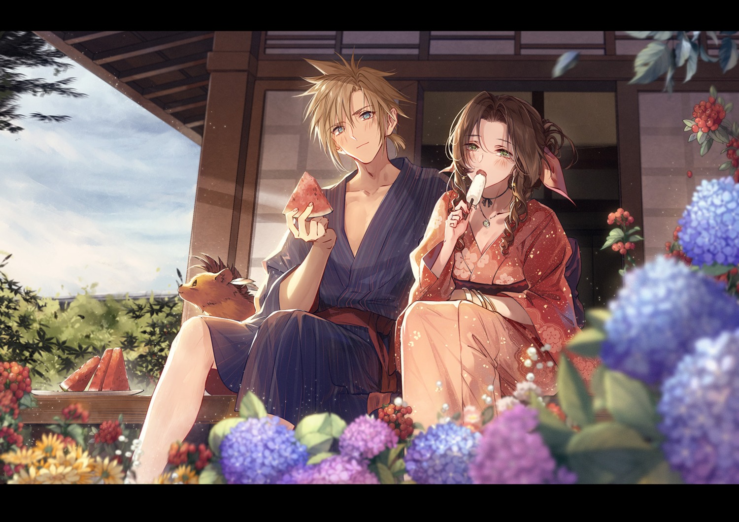 aerith_gainsborough cleavage cloud_strife final_fantasy final_fantasy_vii kieta red_xiii yukata