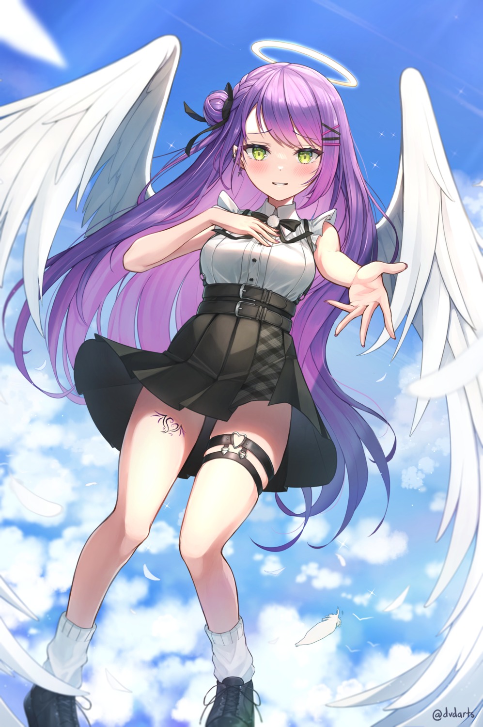 angel dvdarts garter hololive skirt_lift tattoo tokoyami_towa wings