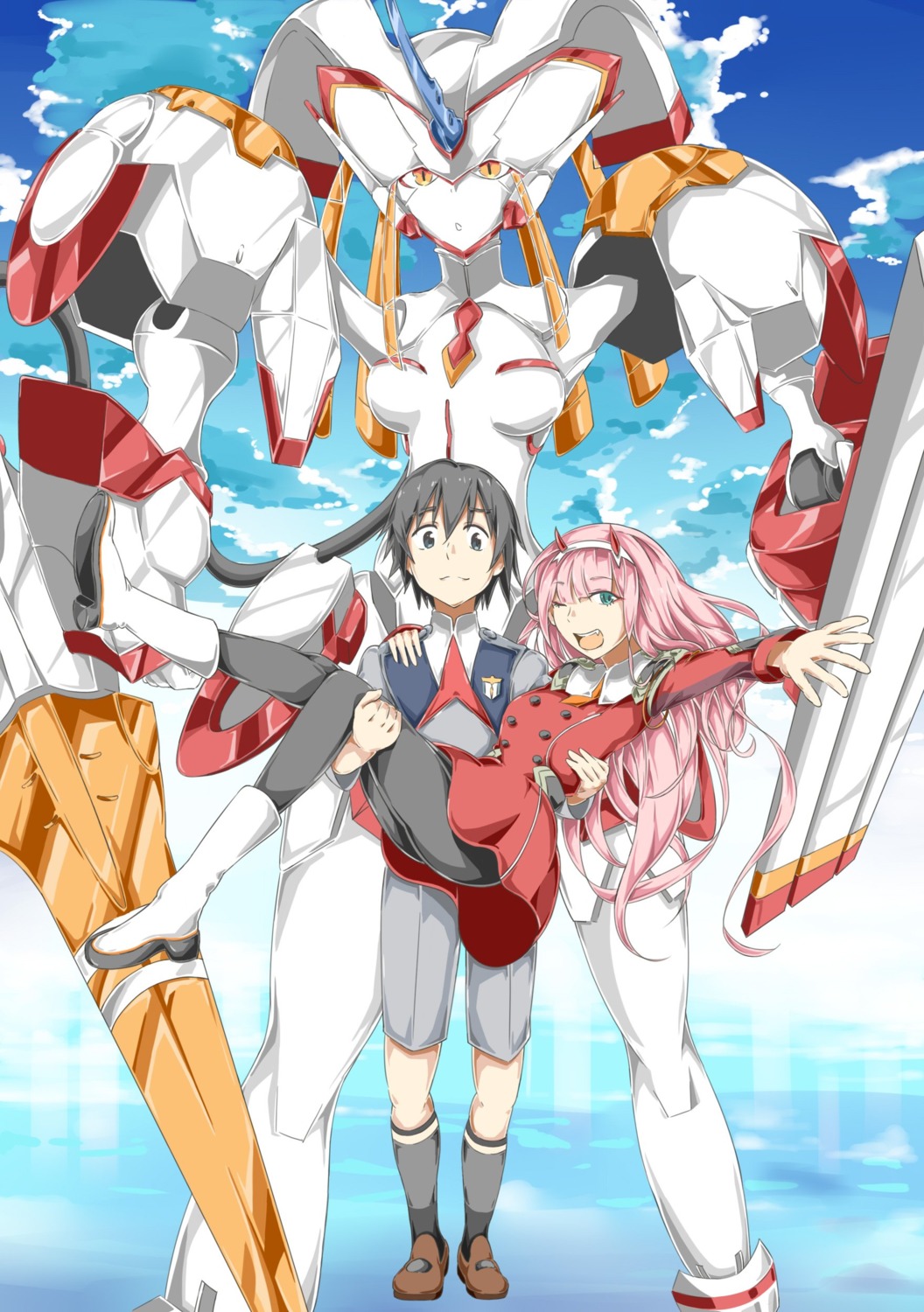 darling_in_the_franxx heels hiro_(darling_in_the_franxx) horns maru_sashi mecha pantyhose strelizia uniform zero_two_(darling_in_the_franxx)