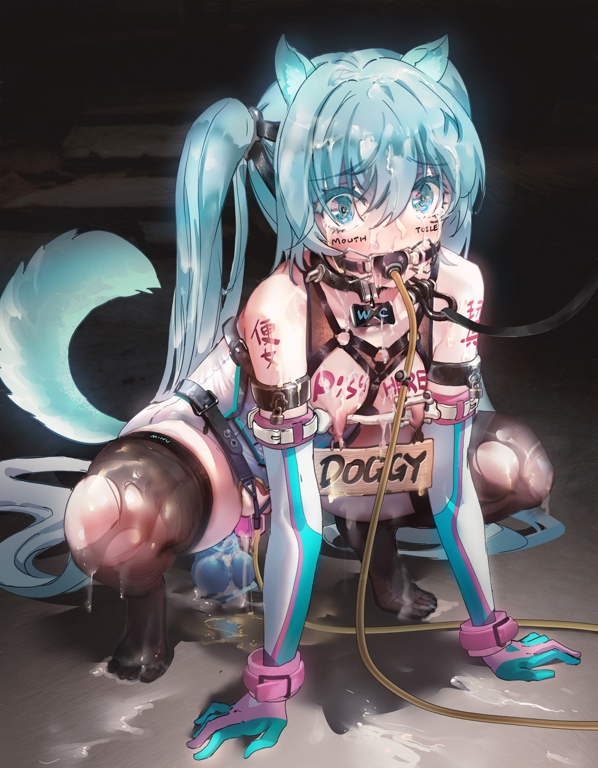 animal_ears bondage breasts cum dildo extreme_content hatsune_miku inumimi nipples no_bra nopan pee pussy_juice tail tattoo thighhighs torn_clothes vibrator vocaloid wet ying_yi