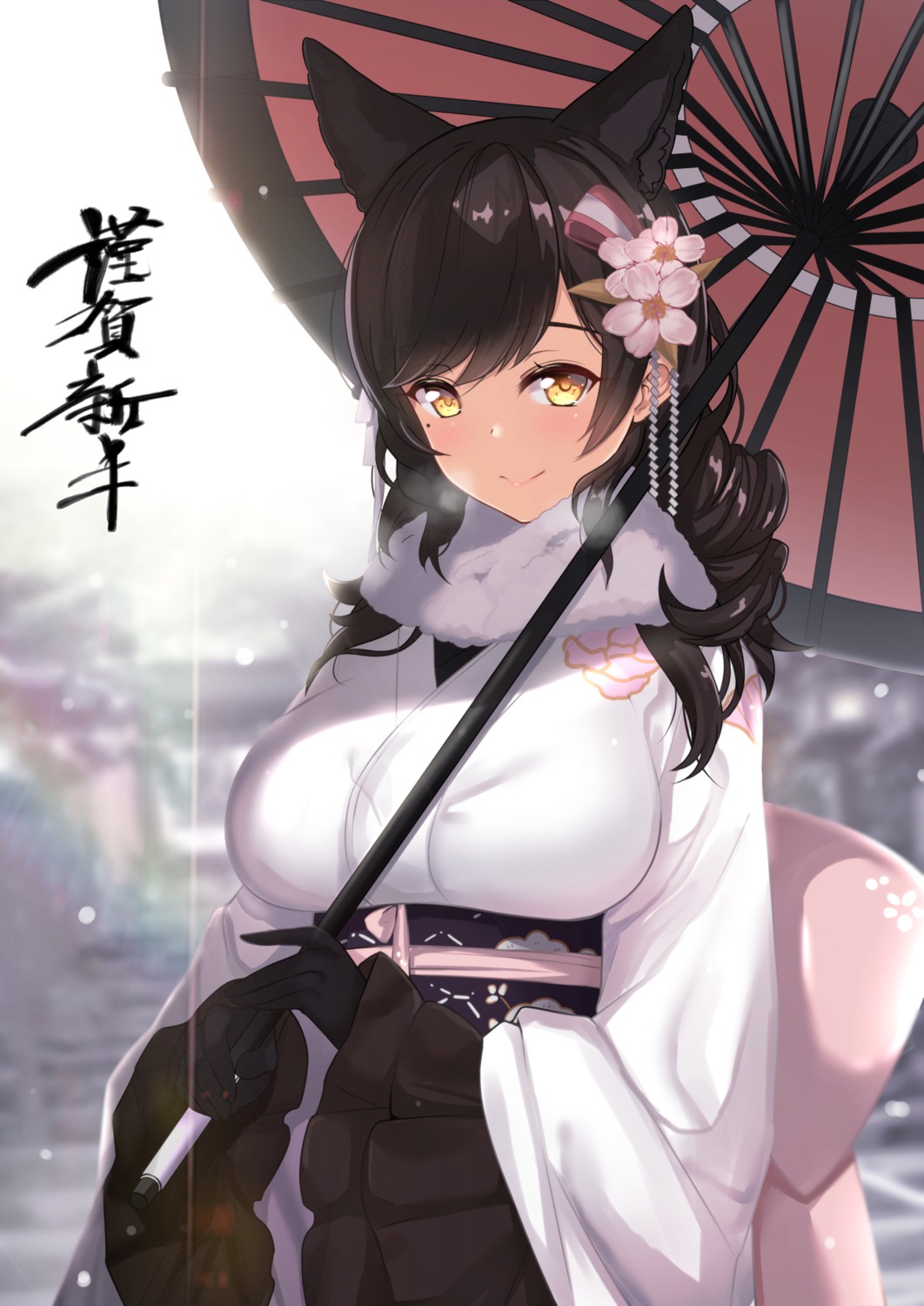 animal_ears atago_(azur_lane) azur_lane kimono umbrella untsue