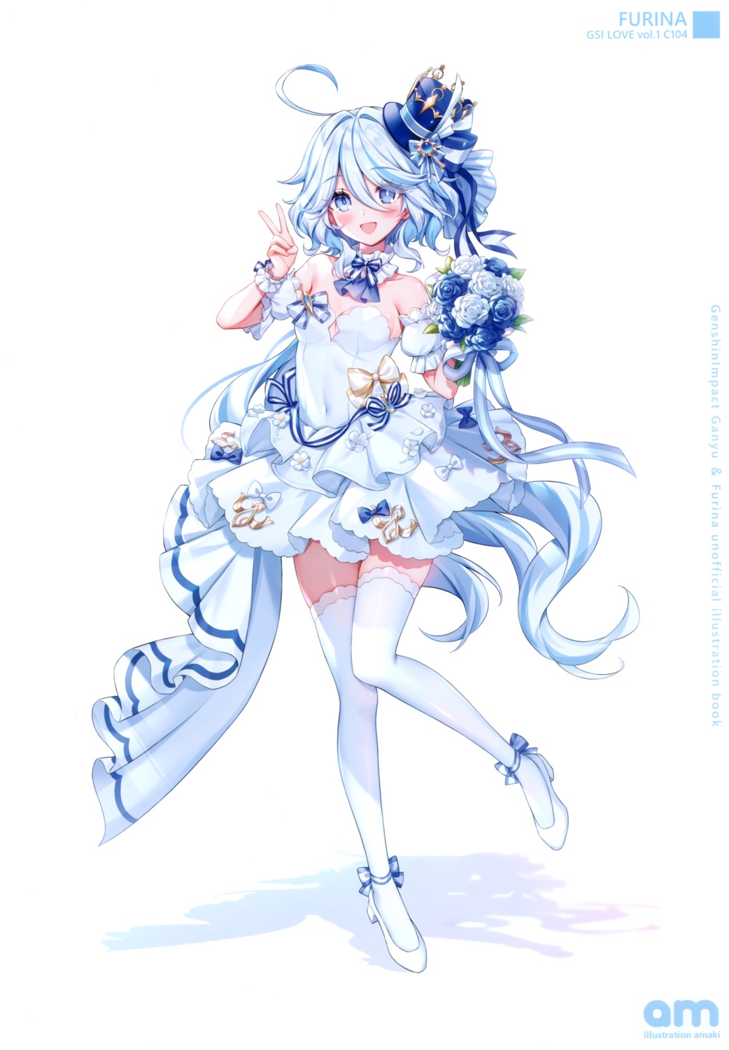 amaki amaki_ruto dress furina genshin_impact heels heterochromia no_bra thighhighs wedding_dress