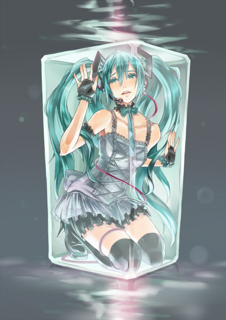 2d 4hands dress garter hatsune_miku headphones lolita_fashion thighhighs vocaloid