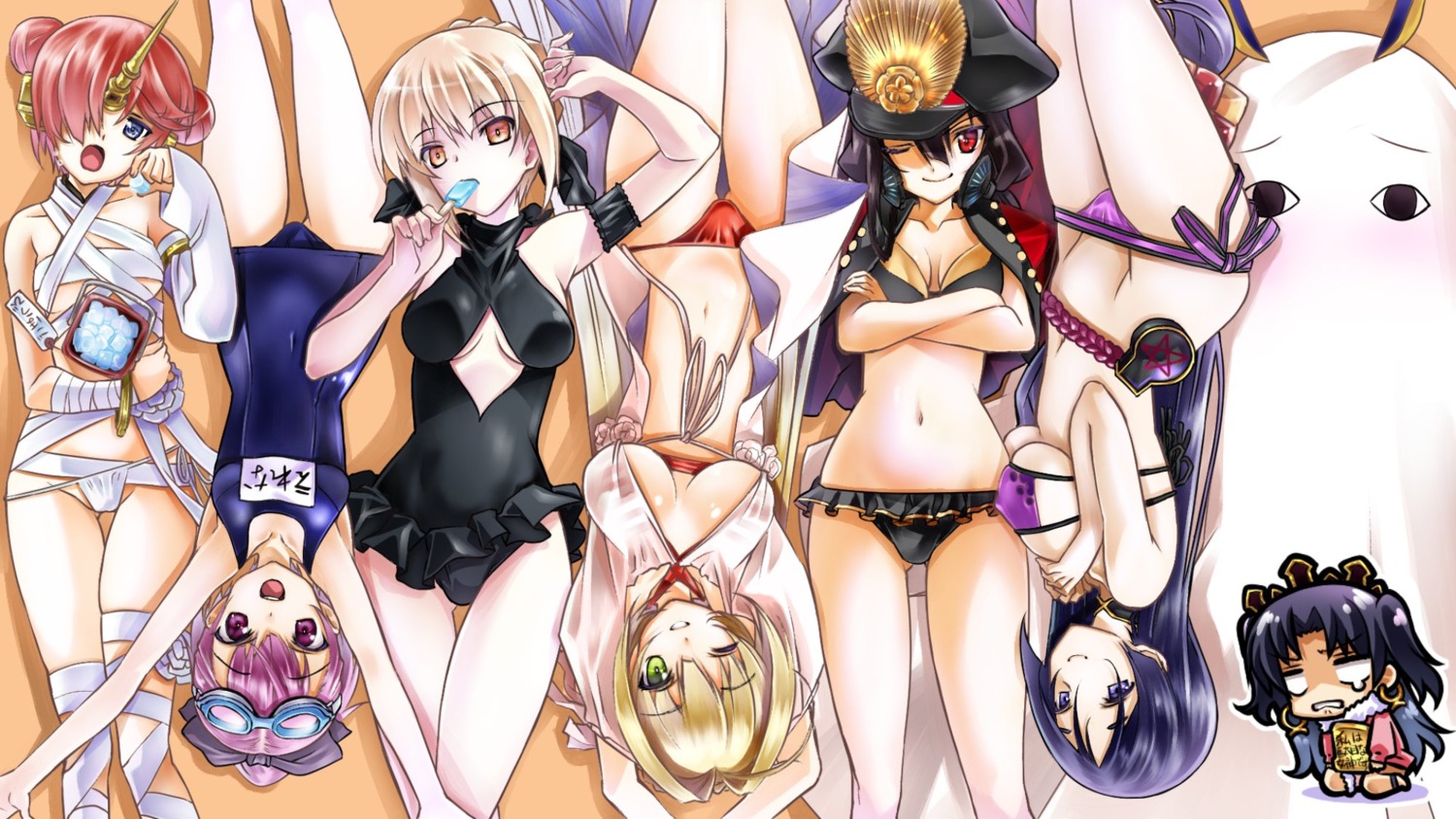 bikini chibi cleavage fate/grand_order frankenstein's_monster_(fate) helena_blavatsky_(fate/grand_order) horns ishtar_(fate/grand_order) minamoto_no_raikou_(fate/grand_order) naked_ribbon nitocris_(fate/grand_order) oda_nobunaga_(fate) open_shirt saber saber_alter saber_extra school_swimsuit swimsuits tagme toosaka_rin