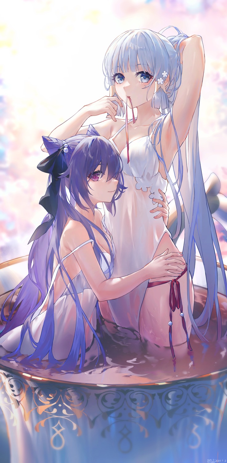 genshin_impact kamisato_ayaka keqing lingerie no_bra pantsu see_through string_panties swkl:d wet wet_clothes yuri