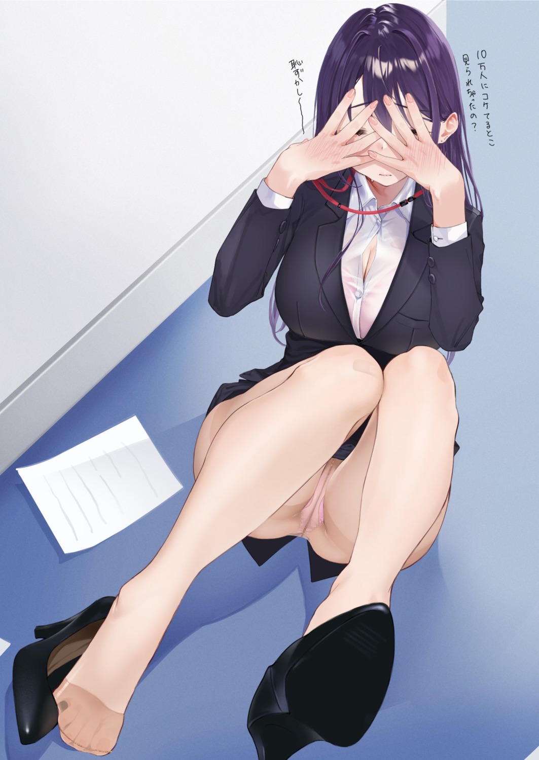 bra business_suit cleavage feet heels mugika pantsu pantyhose see_through skirt_lift