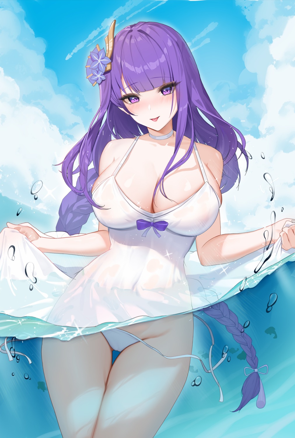 cameltoe dress genshin_impact ningri_(lianyungangwyz) no_bra pantsu panty_pull raiden_shogun see_through skirt_lift string_panties summer_dress wet wet_clothes