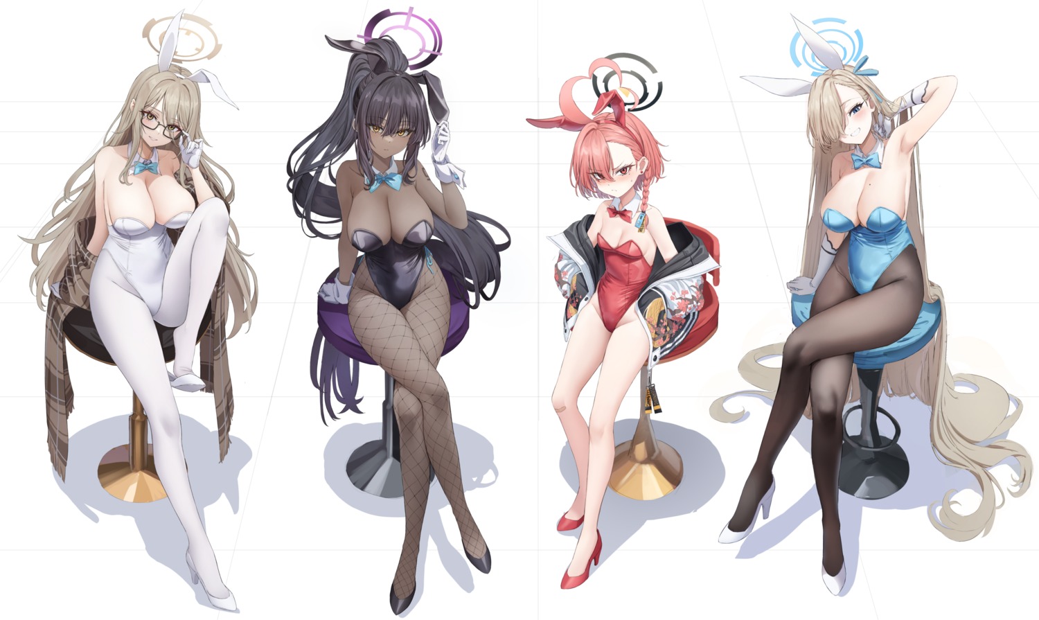 animal_ears blue_archive bunny_ears bunny_girl chirang fishnets halo heels ichinose_asuna kakudate_karin loli megane mikamo_neru murokasa_akane no_bra pantyhose tattoo