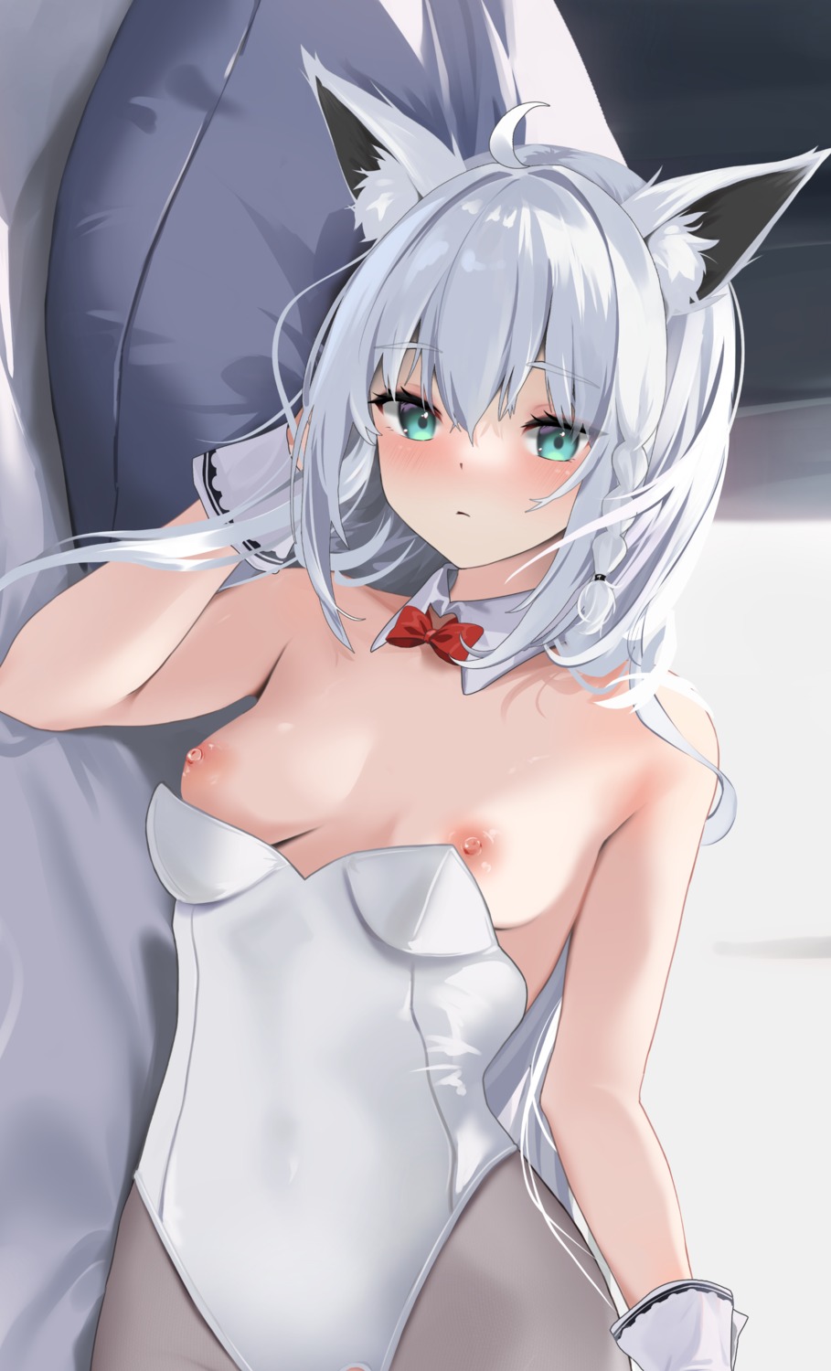 animal_ears breasts hololive hololive_gamers kitsune leotard miaohik nipples no_bra pantyhose shirakami_fubuki wardrobe_malfunction