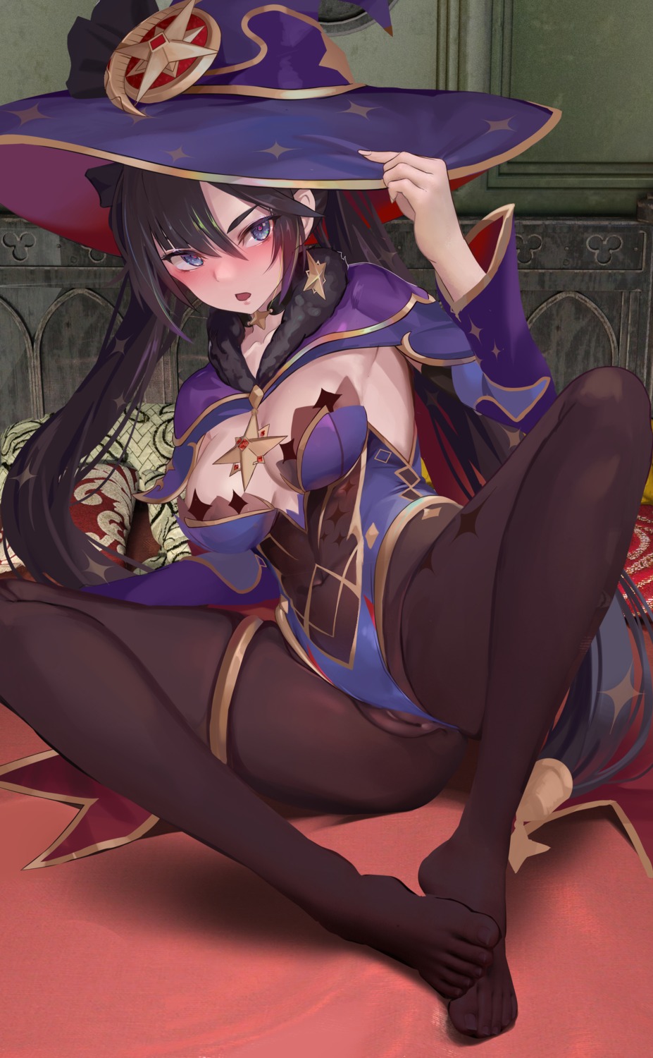 dikko feet garter genshin_impact leotard mona_megistus no_bra nopan pantyhose pussy witch