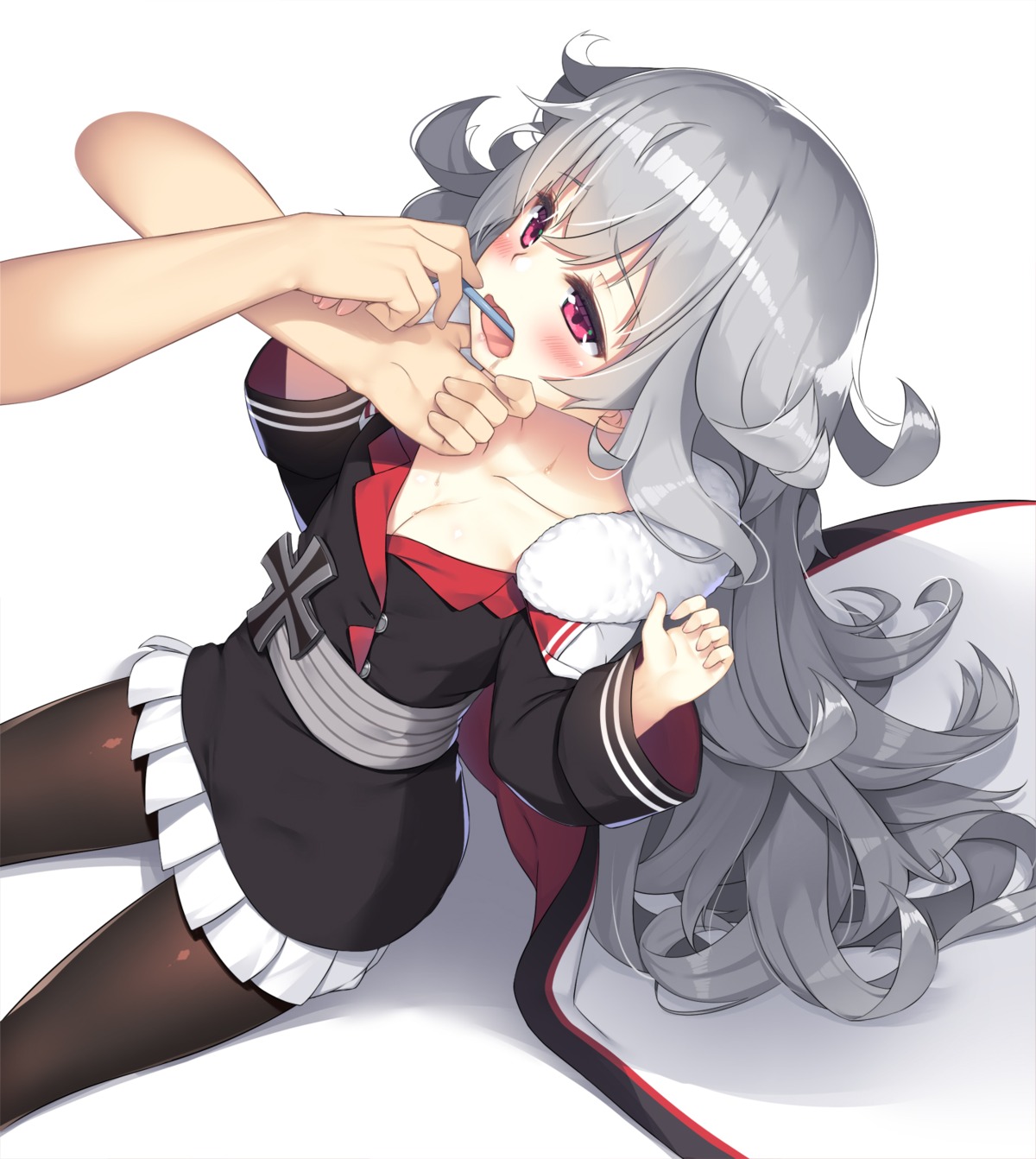 azur_lane cleavage graf_zeppelin_(azur_lane) olive_(laai) open_shirt pantyhose uniform zeppelin-chan_(azur_lane)