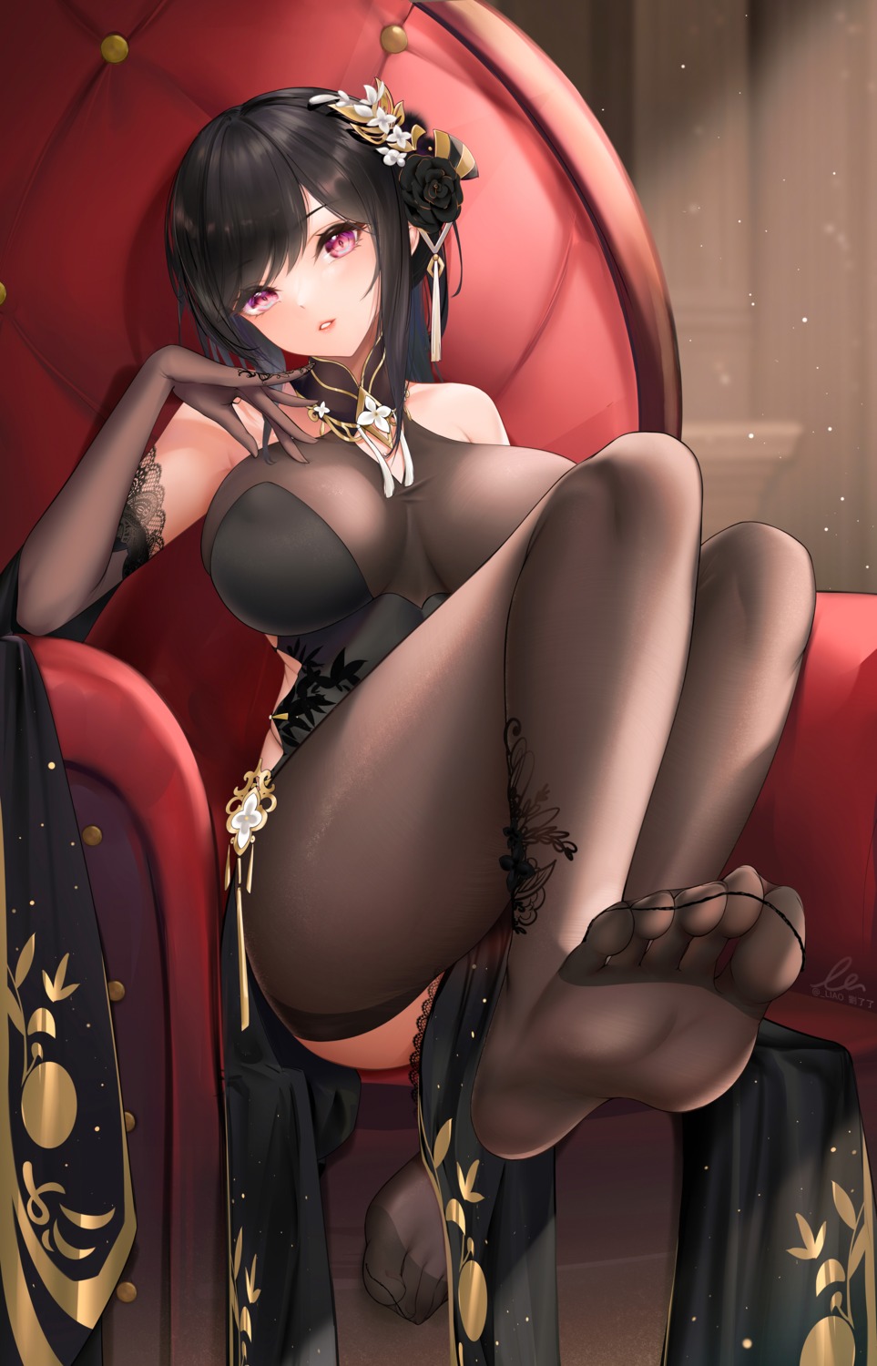 azur_lane chen_hai_(azur_lane) chinadress erect_nipples feet liu_liaoliao no_bra pantyhose see_through